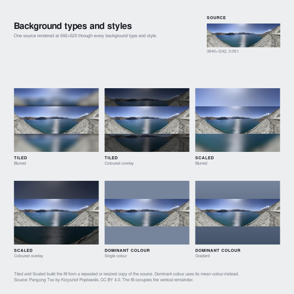 Six background fill types compared on a panorama of Pangong Tso.