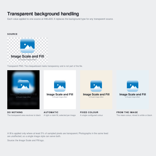 Four transparent background settings compared on the Image Scale and Fill logo.