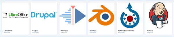 The same six logos through Scale and fill background: uniform square tiles, each mark complete on a filled background.
