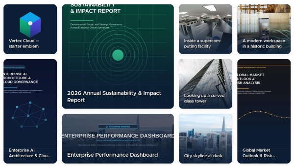 A report cover, a dashboard banner and a whitepaper cover, each rendered with core Scale and crop