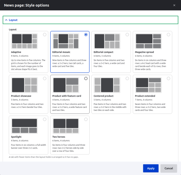 The Views settings, with each layout shown as a card with a small wireframe of its grid
