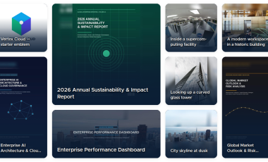 A Bento Showcase grid of nine items.  Report covers, a logo, a NASA photograph, city photography and a dashboard banner — with a report cover in the large tile and two more report covers in the tall tiles, each shown whole