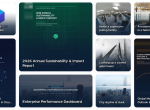 A Bento Showcase grid of nine items.  Report covers, a logo, a NASA photograph, city photography and a dashboard banner — with a report cover in the large tile and two more report covers in the tall tiles, each shown whole